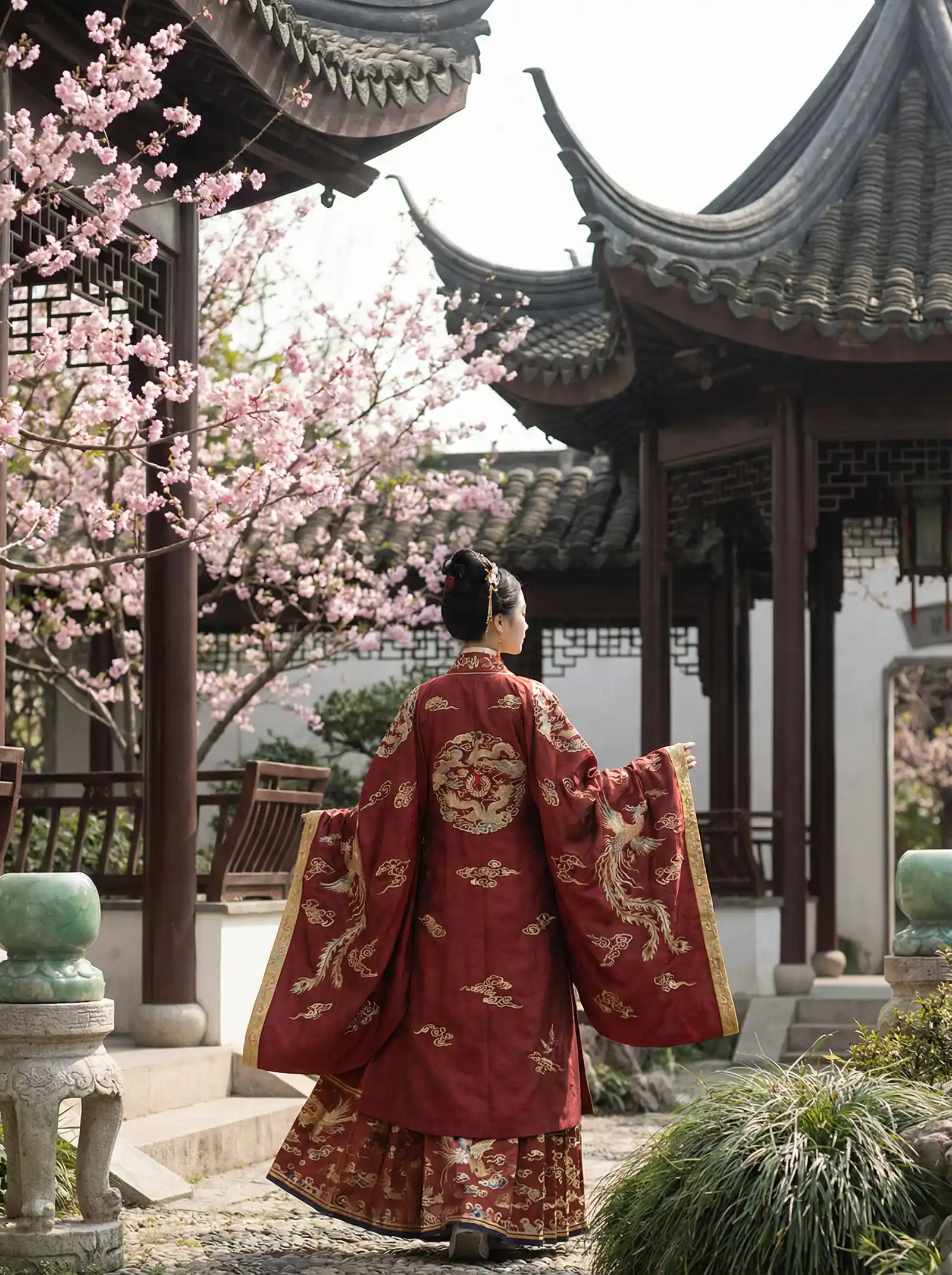 国产自拍 明制汉服红色凤凰刺绣